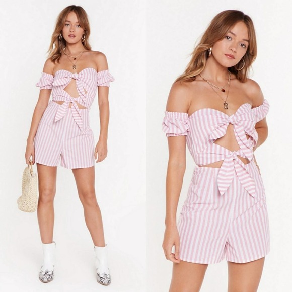 Nasty Gal Pants - Nasty Gal Stripe Tie Front Romper Pink Striped NEW